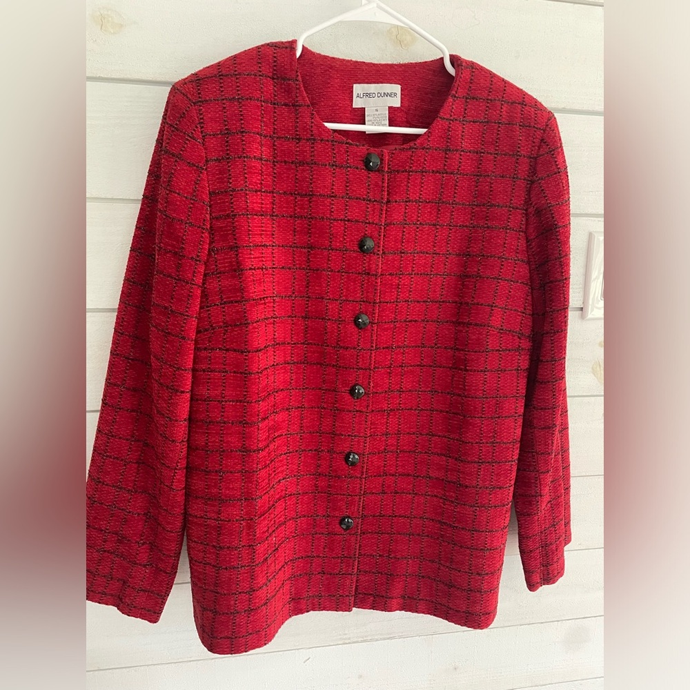 Alfred Dunner Women's size 16 Red Black shimmery blazer jacket festive holiday